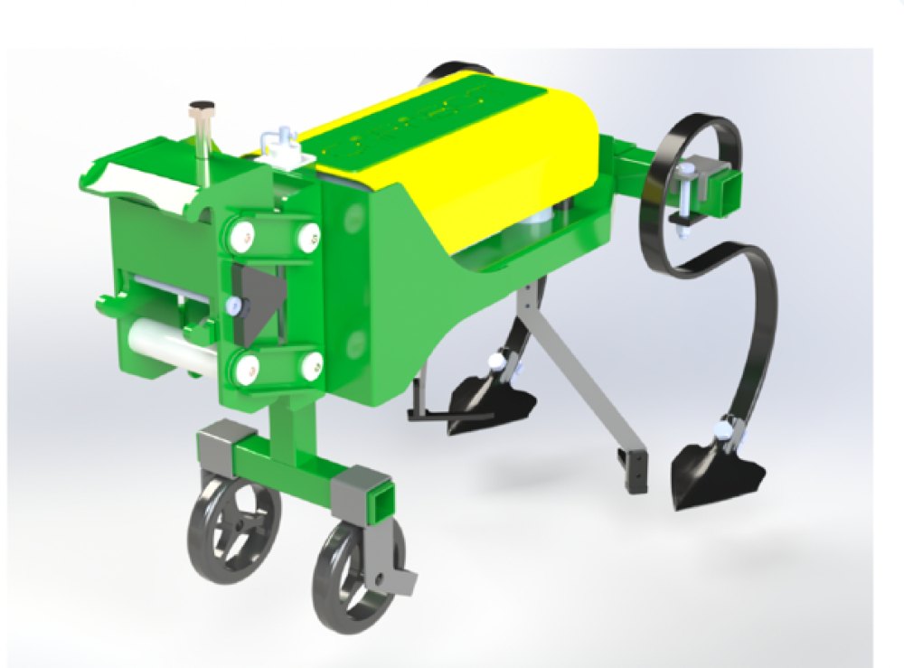 A version-3 hoeing module: the compact housing, its gauge wheels and the sweep behind